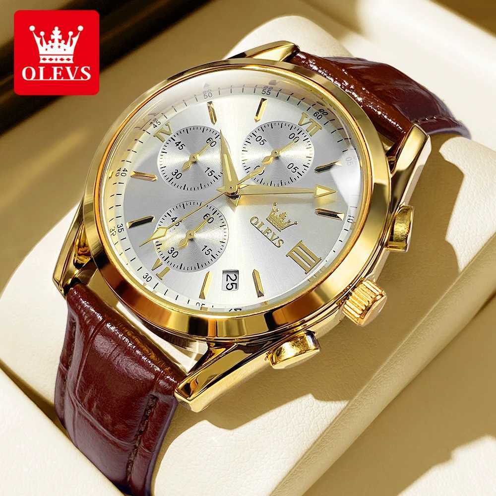 OLEVS 2872 Chronograph Mens Wristwatches Leather Strap Waterproof Luminous Original Quartz Watch for Men Luxury Sport Man Watch W250724