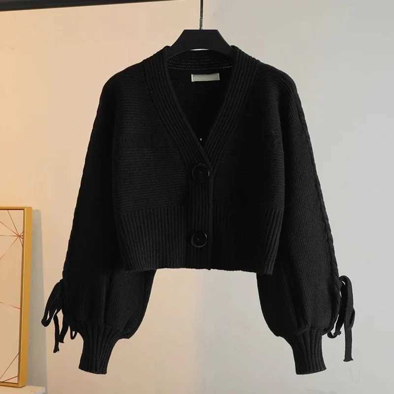 Fashion Drawstring Long Sleeve Knit Cardigans Women Autumn V Neck Cropped Sweater Cardigan Woman Korean Solid Wild Cardigan Lady X250724