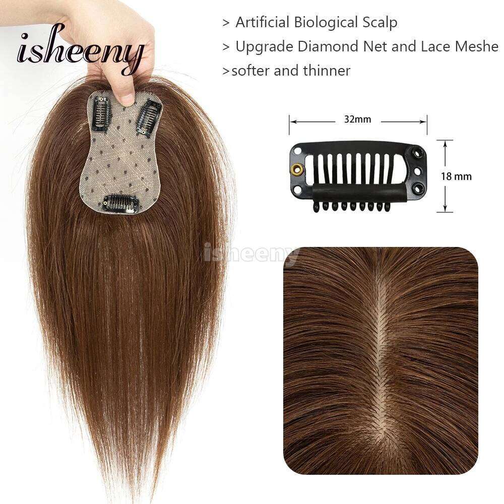 isheeny 7x11cm Brown Human Topper 8-14 inches Natural Seamless Scalp Hair Pieces No Bangs Middle Part for Women
