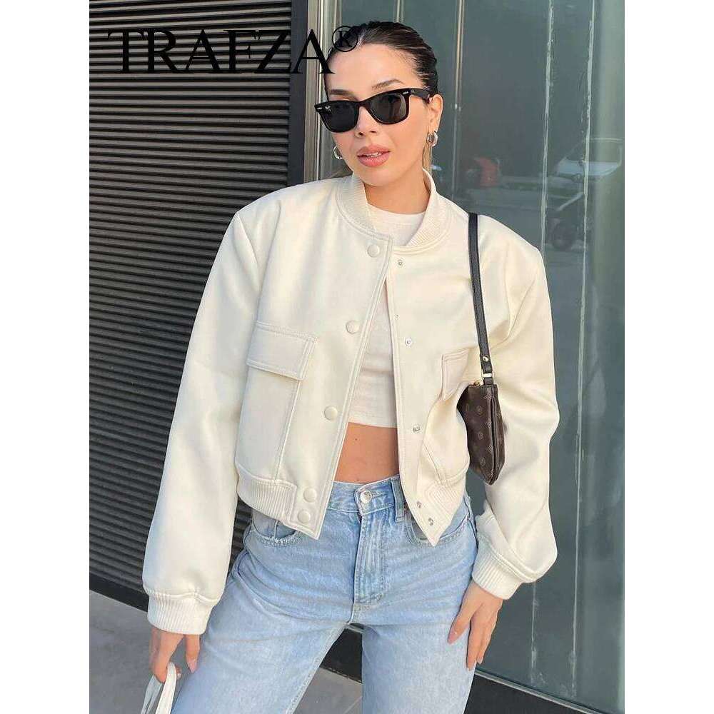 TRAFZA Women Vintage Solid Long Sleeve Bomber Jacket Casual Coats Streetwear Female Elegant Lapel Zipper Jakcet