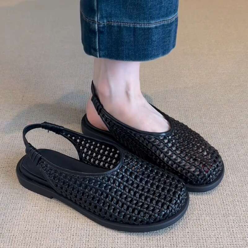 Heel Sandals Sandals Shoes Women Heels New Handmade Woven Hollow Sandals For Women Round Toe Flat Slip On Back Strap Roman Shoes