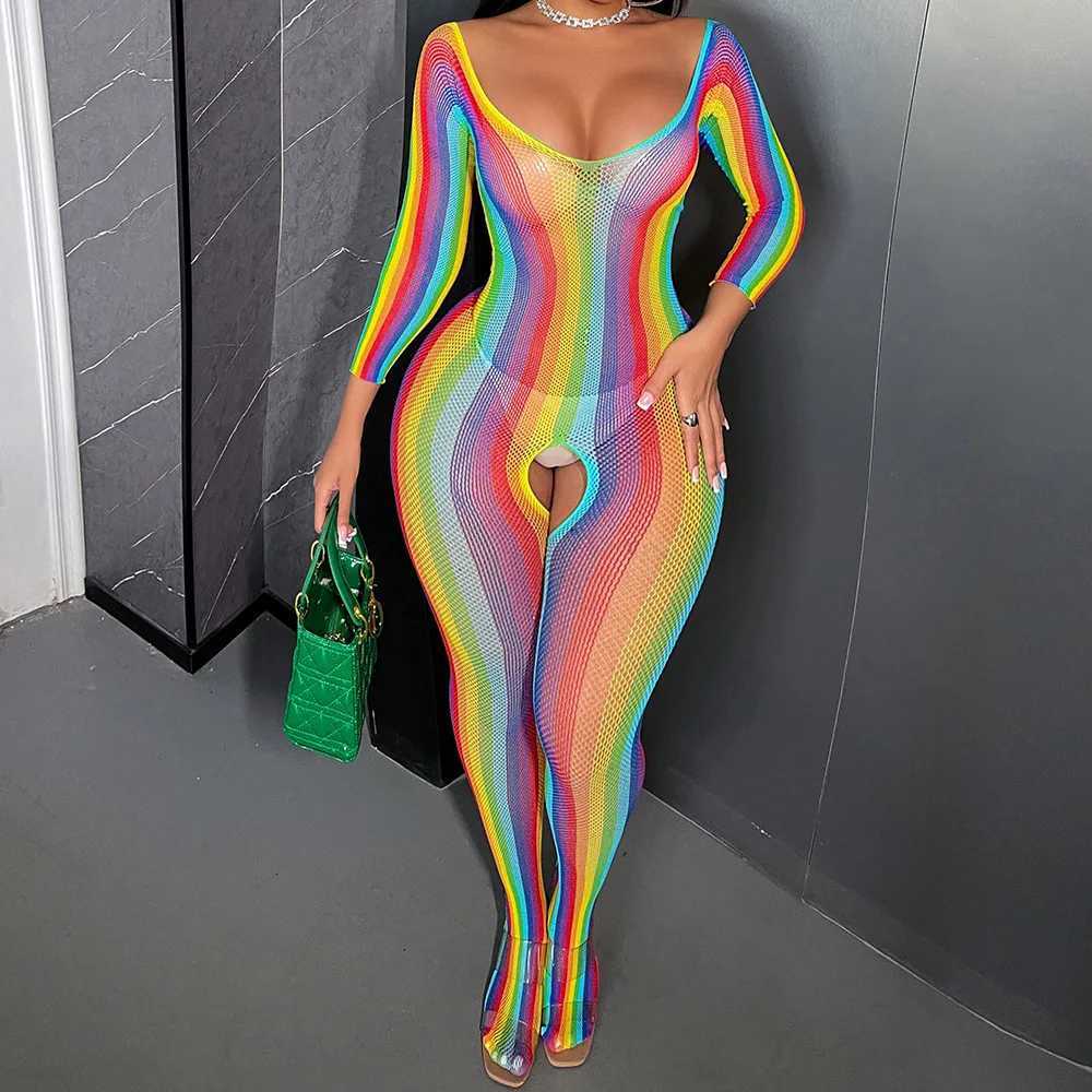 Rainbow Sexy Lingerie for Women Erotic Babydoll Full Bodystocking Underwear Costumes Sleepwear Nightwear Crotchless Bodysuit W250724
