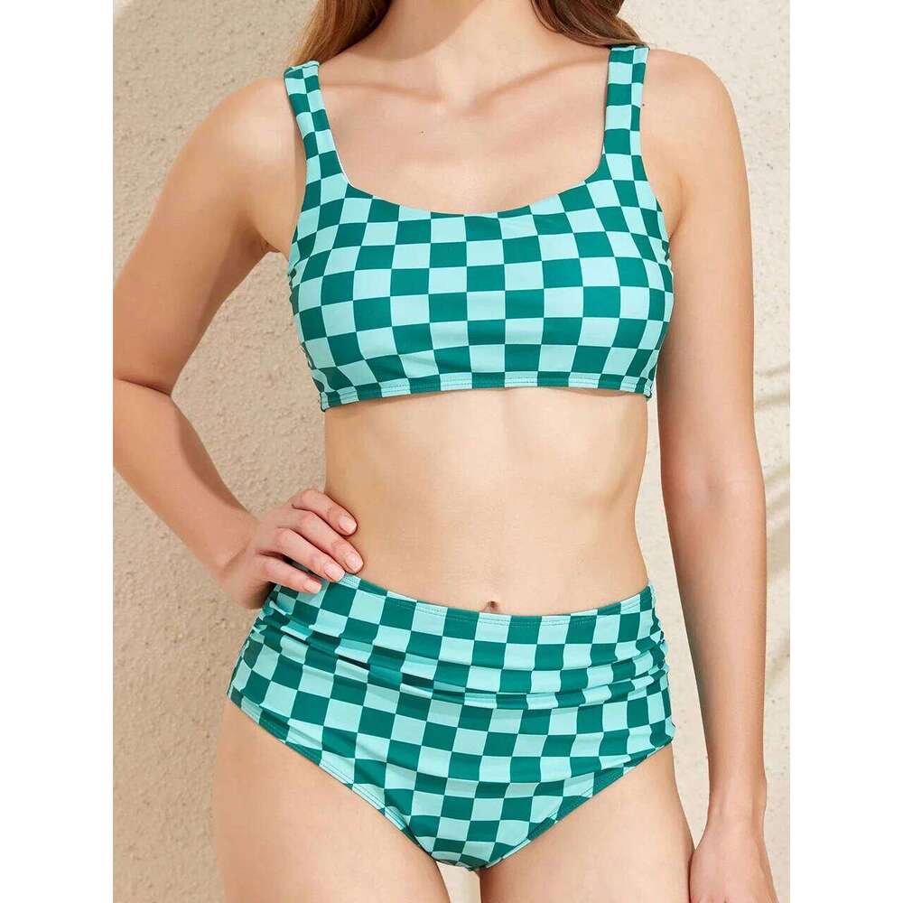 Plaid Prinded Sport Bikini Set High Waist Swimsuit 2025 Women Padded Sexy Swimwear Female Swimming Bathing Suit Beachwear Summer