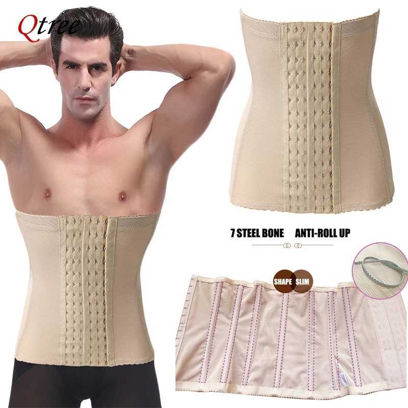Qtree Men Slimming Body Shaper Corset S-6XL Plus Size Hooks Waist Belt 7 Steel Bone Compression Tummy Control Strap W250724