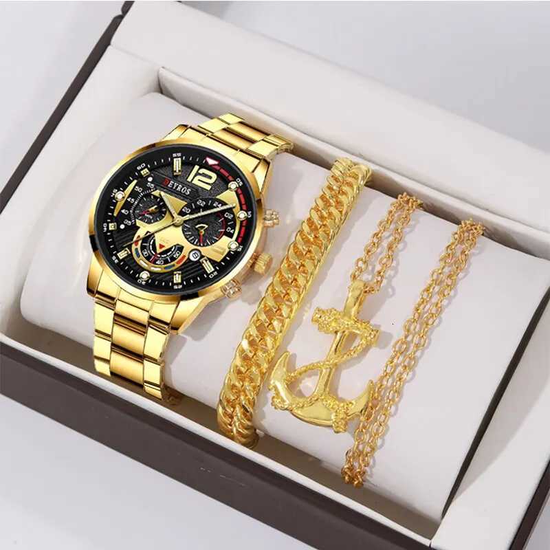 3PCS Set Fashion Mens Business Watches Male Casual Stainless Steel Quartz Wristwatch Men Gold Necklace Bracelet Wrist Watch W250724