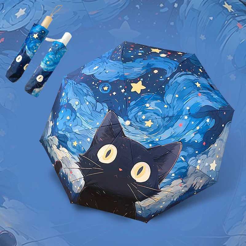 Blue Green Purple Powder Cat Cartoon Fold Umbrella Fully Automatic Umbrella Womens Dual-Purpose Sun Umbrella Portable Umbrella R250724