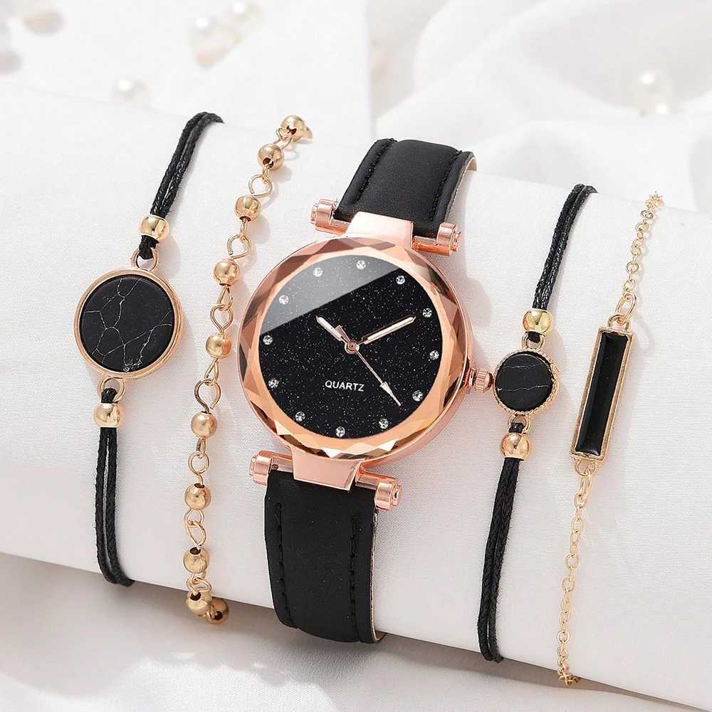 5PCS Womens Luxury Leather Analog Ladies Quartz Wrist Watch Fashion Bracelet Watch Set Holiday Gifts Montre Femme W250724