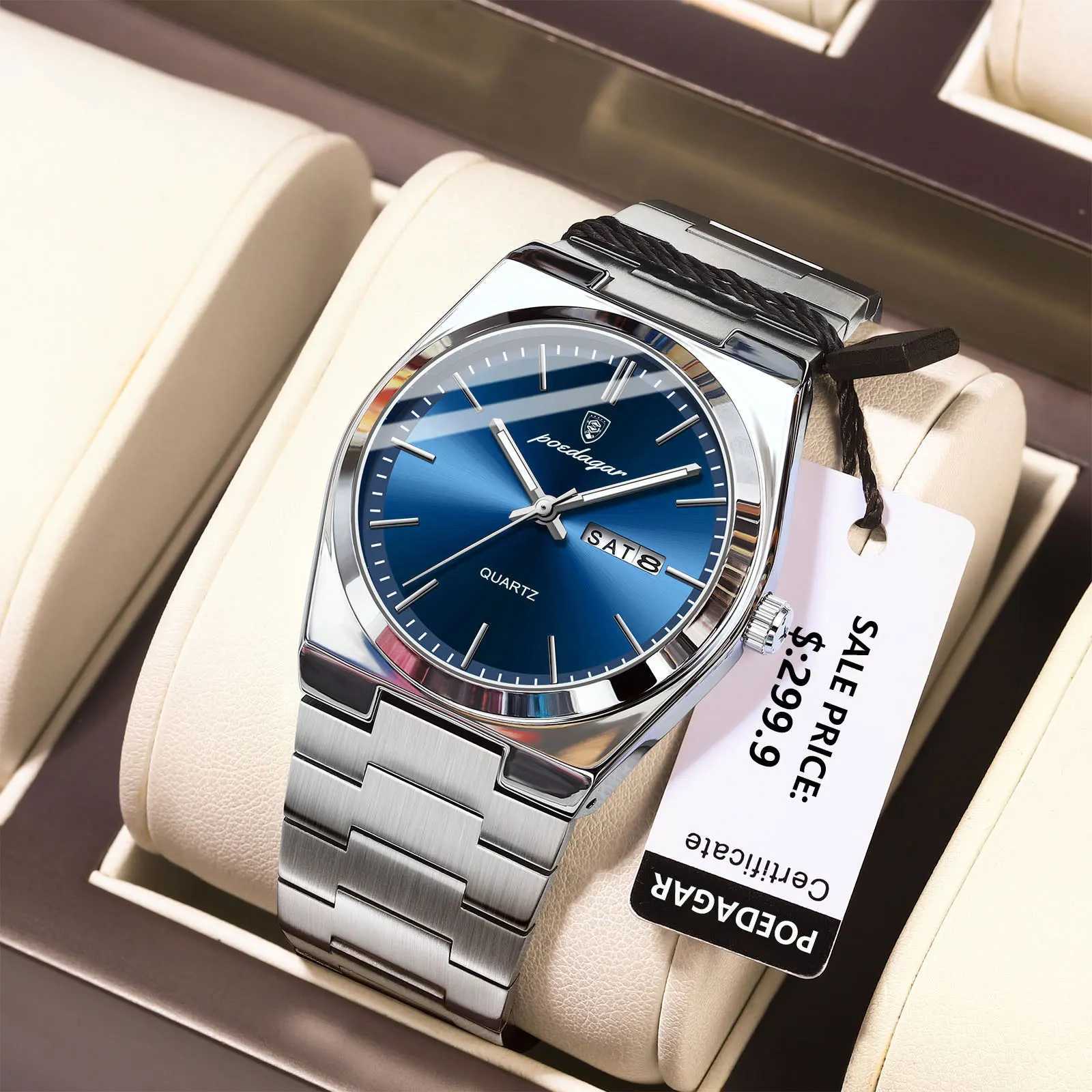POEDAGAR Luxury Watches For Men Stainless Steel Waterproof Luminous Man Watch Date Week Fashion Casual Mens Quartz Watch Reloj W250724