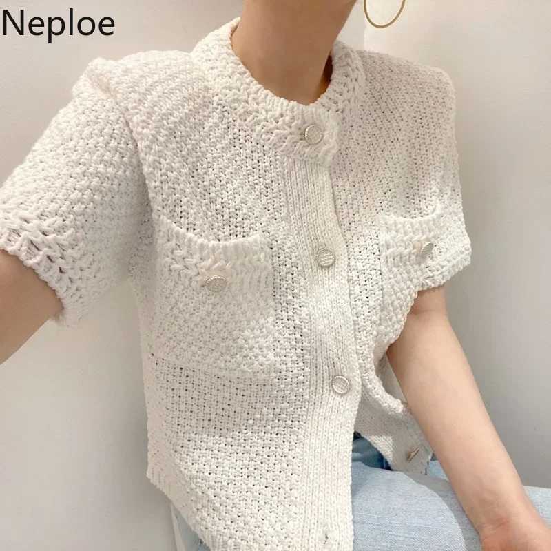 Neploe Korean Cardigan Women Clothing Short Sleeve Single Breasted Sweater O Neck Knit Black Tops 2025 Fashion White Coat Femme X250724