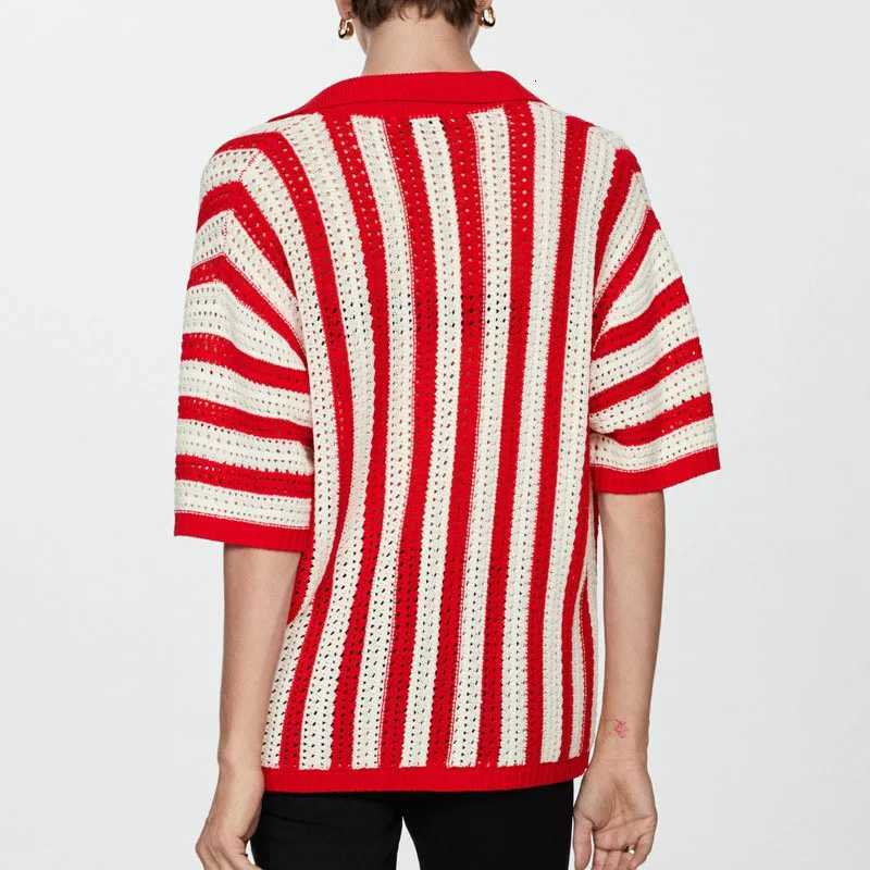 Elegant Lapel Short Sleeve Loose Shirts Casual Single Breasted Hollow Tops Early Autumn New Stripe Contrast Color Knit Cardigans X250724