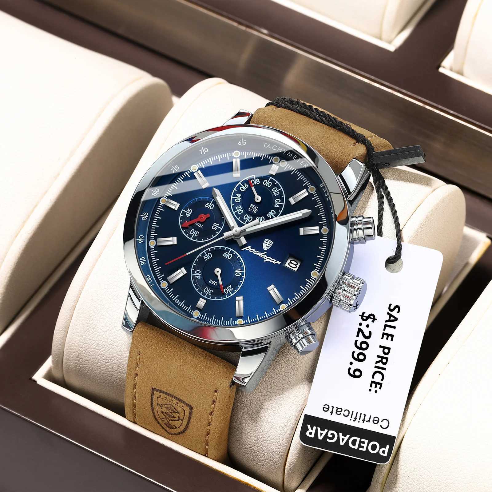 POEDAGAR Luxury Wristwatch for Men Waterproof Luminous Chronograph Date Men Watch Sports Leather Mens Quartz Watches Male Watch W250724