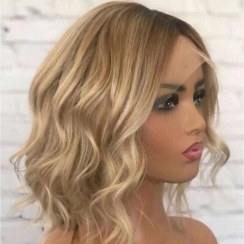 Ombre Blonde Women Short Wavy Bob wigs 12 inch Synthetic Curly Middle Part Heat Resistant Fiber for Daily Party Wig