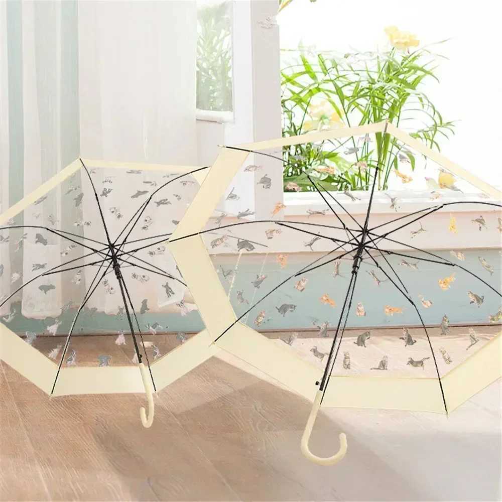 Cartoon Ins Style Trifold Transparent Umbrella Folding Simple Sunshade Funny Cat Rain Gear Parasol for Women Kids Umbrellas R250724