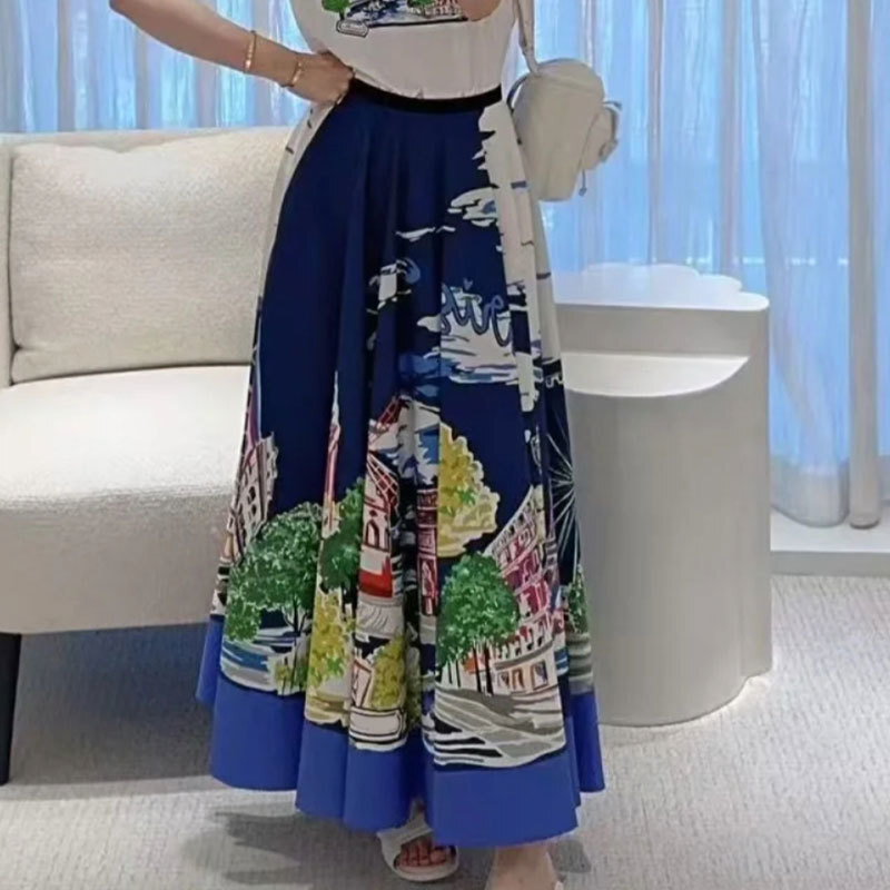 Ladies Silk-Cotton City Print Skirt Designer High Waist Midi Skirt Fashion Runway Geometric Print Y2K Luxury Urban Chic Clothing S0758