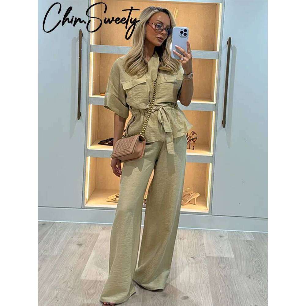 Designer niche casual loose zipper V-neck lace-up pleated top wide-leg trousers set summer women's single clothing new product