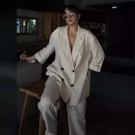 TRAFZA Spring Street Double-Breasted Blazer Wrinkle Effect Pants Set B5