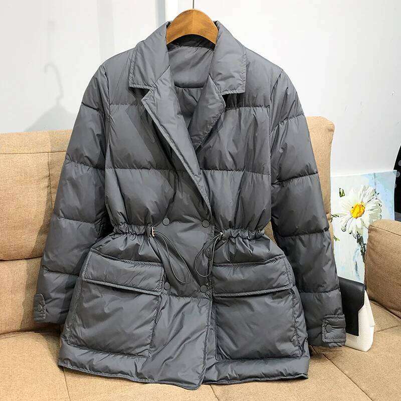 Lagabogy New Winter Women White Duck Down Coat Female Notched Collar Double Breasted Coats Casual Lady Drawstring Puffer Outwear 250725