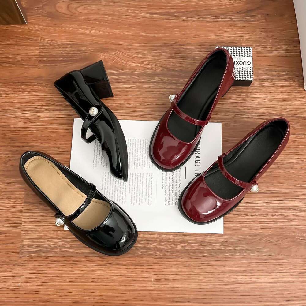 2025 New French Style Mary Jane Shoes with Pearl One-Strap Shallow Mouth Chunky Heel Red High Heels for Women
