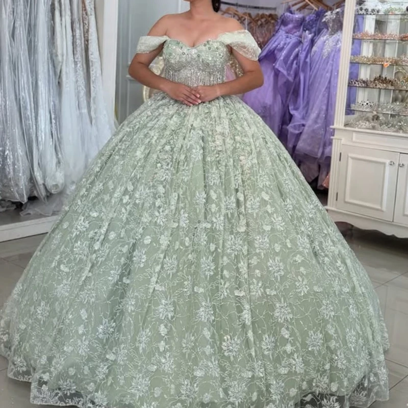Mint Green Shiny Quinceanera Dresses Off Shoulder Ball Gown Sweet 16 Dress Sequin Applique Lace Beading Tull Birthday Vestidos De 15 Anos