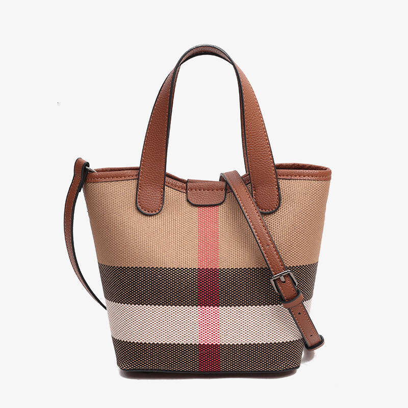 Women's Genuine Leather Canvas Plaid Color-Block Tote Basket New Fashion Single Shoulder Crossbody Bucket Bag