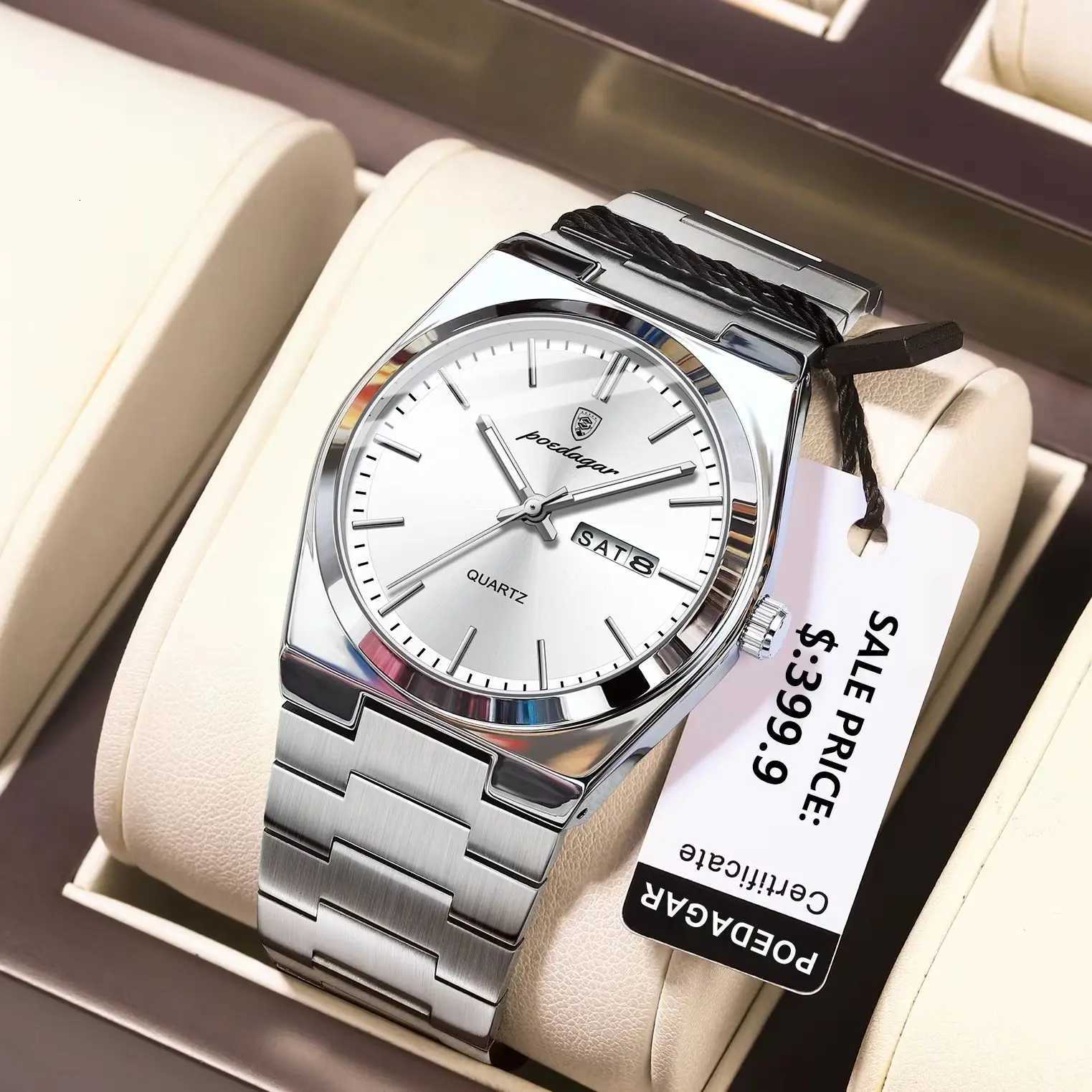 POEDAGAR Luxury Business Mens Wristwatch Waterproof Luminous Stainless Steel Mens Watch Date Week Fashion Quartz Mens Watches + Box W250724