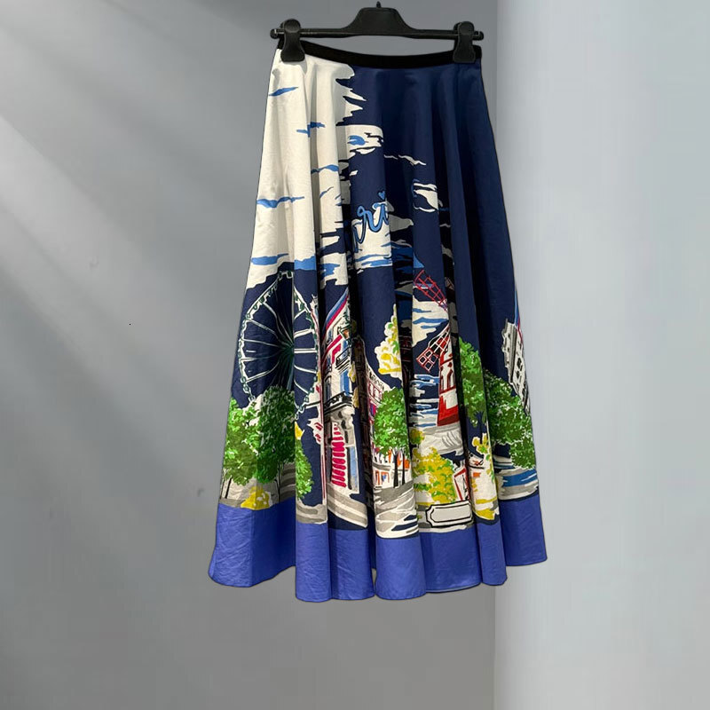 Ladies Silk-Cotton City Print Skirt Designer High Waist Midi Skirt Fashion Runway Geometric Print Y2K Luxury Urban Chic Clothing S0758