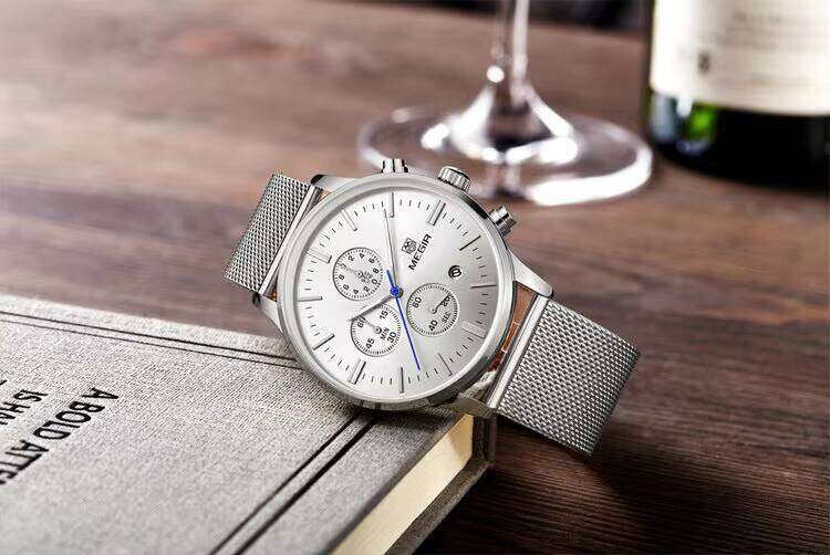 MEGIR Men's Ultra-Thin Chronograph Watch - Waterproof, Luminous, Date, 42.5mm Stainless Steel Mesh - Bulk Wholesale