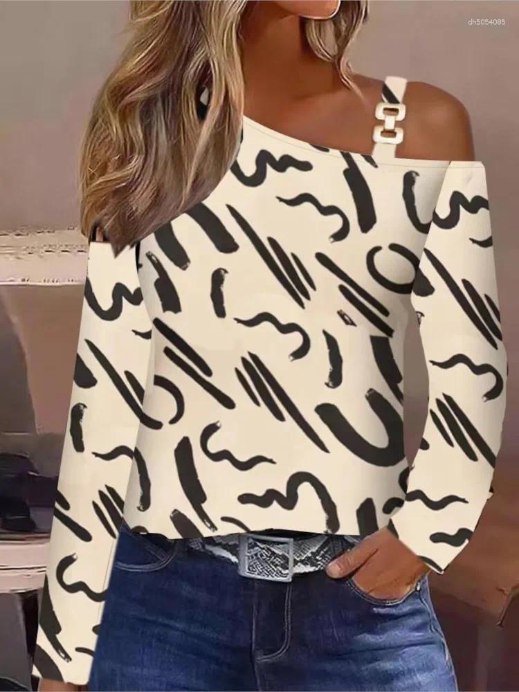 Women's T Shirts Autumn Fashion Long Sleeve Women Sexy Off Shoulder Top Spring Elegant T-shirt Print Casual Tops Female TUES