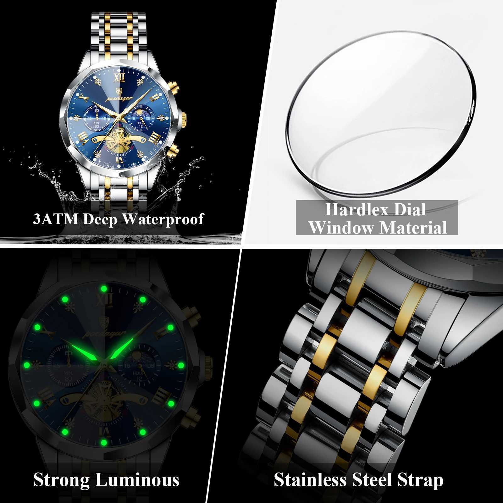 POEDAGAR Luxury Men Watch Top Original Waterproof Luminous Chronograph Mens Wristwatch Stainless Steel Quartz Mens Watches Reloj W250724