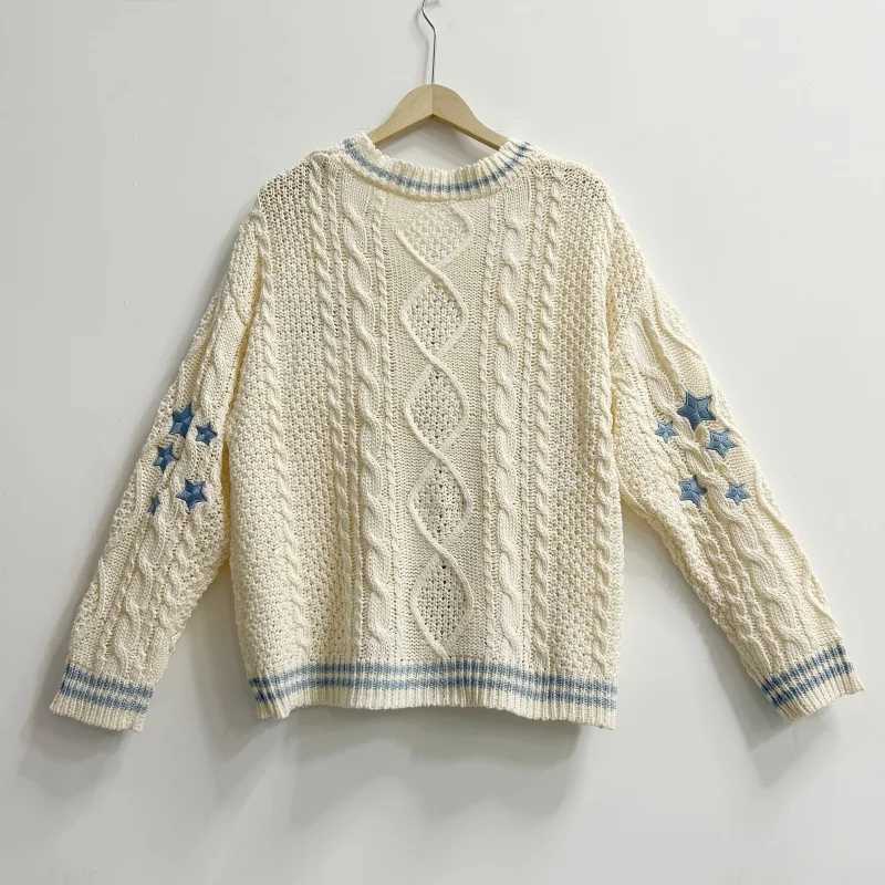 1989 Beige Knitted Cardigans with Blue Star Women Autumn Warm V-neck Knitted Sweaters Winter Vintage Casual Loose Tops X250724