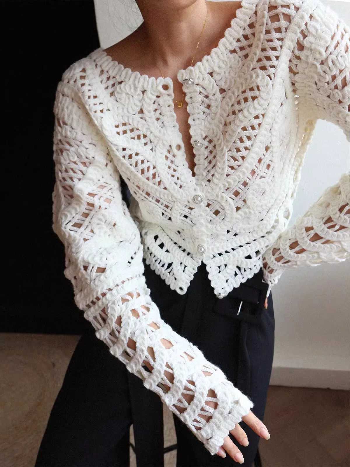 Women Handmade Hollow Out Slim Fit Cardigan 2025 Spring Summer Bohemian Tops C-004 X250724