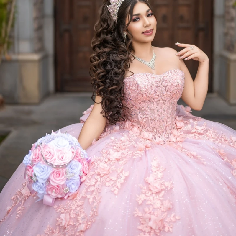 Pink Shiny Quinceanera Dresses Off Shoulder Ball Gown Sweet 16 Dress Applique Flower Beads Bow Tull Birthday Party Vestidos 15 De Anos
