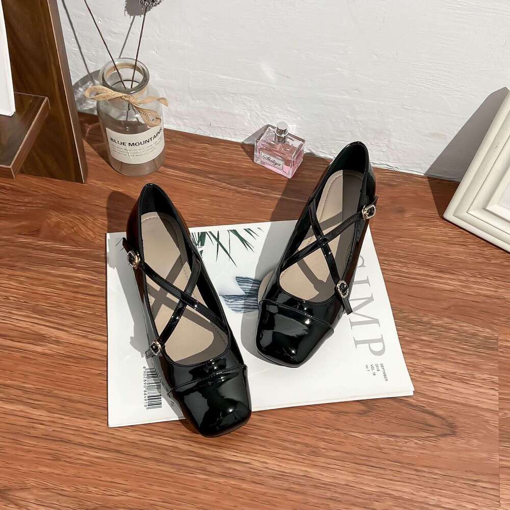 2025 Spring New French Style Shallow Mouth Single for Women, Chunky Heel, Comfortable Cross Strap, Round Toe Mary Jane Shoes
