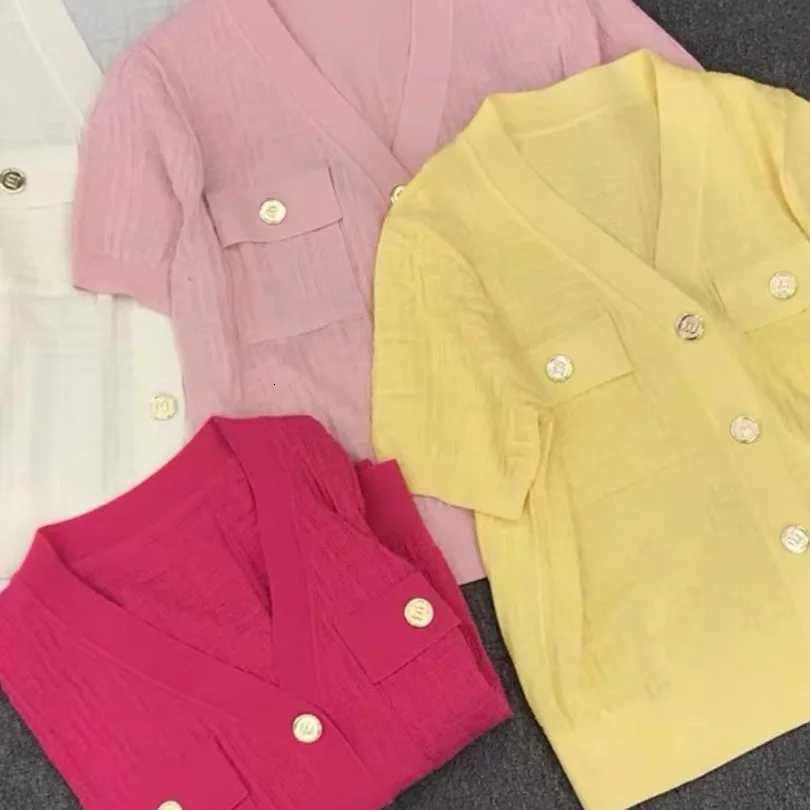 Stylish V-neck Sweater Cardigan Women Summer Jacquard Knit Single-breasted Short Sleeve Tops Knitwear Elegant Fashion Chic Jumpsuit X250724