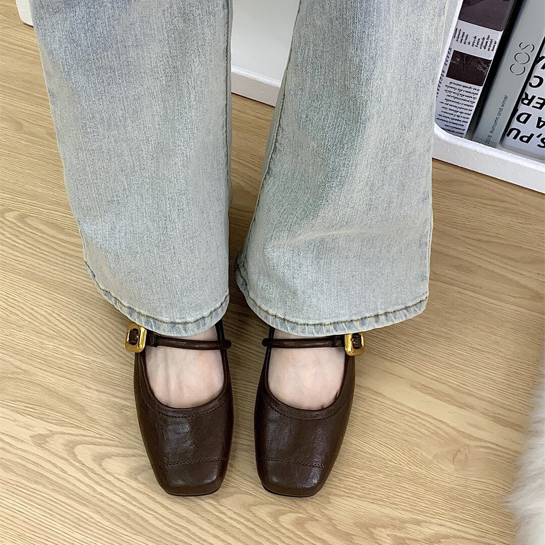 Korean Style Versatile One-Strap Silver Women's Summer French Mary Jane Flat Small Leather Shoes ddmythur
