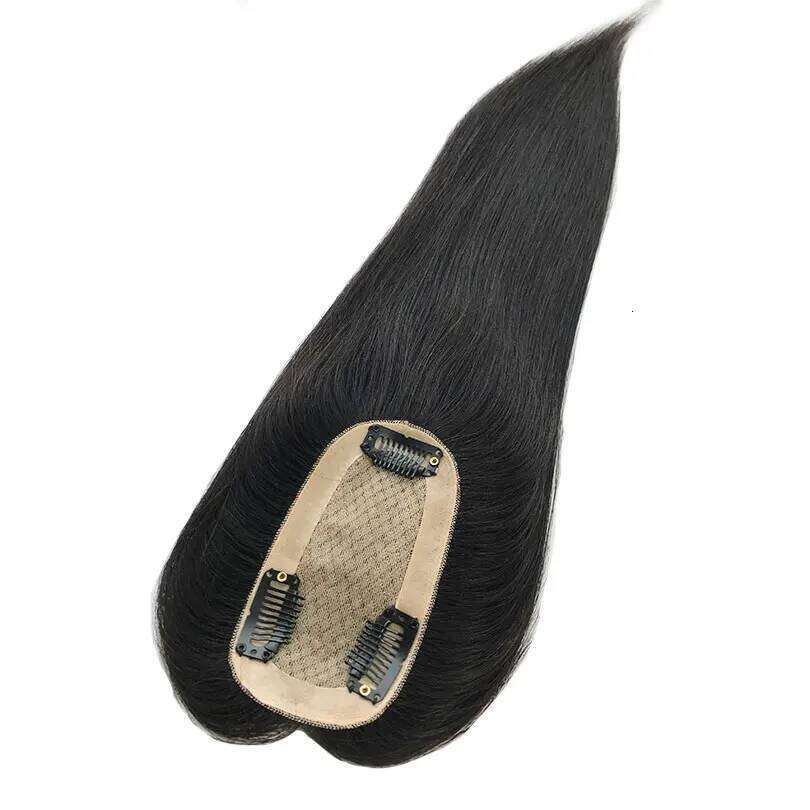6x12cm Full Hand Made Silk Base Women Topper Virgin Hair Pieces 3 Clips in Natural Black Color Cover Hairline