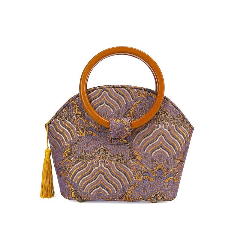 Designer Wooden Handle Round Shell Cheongsam Hanfu Ancient Style Cloud Print Zipper Tassel Handbag Light Luxury Women's Bag