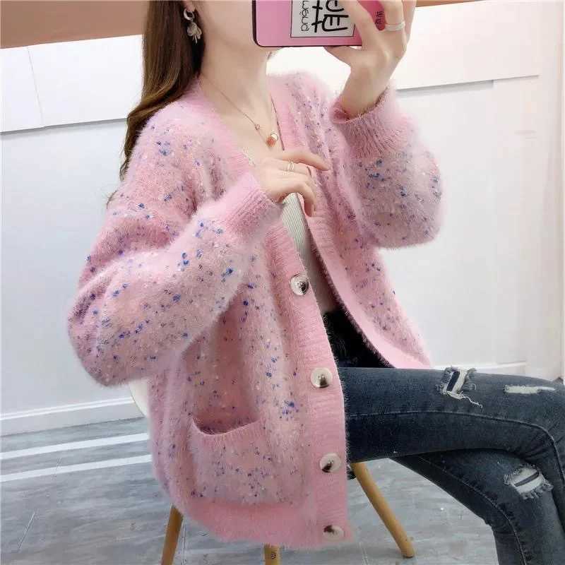 2025 Autumn And Winter New Imitation Mink Knitted Cardigan Women Korean V-Neck Long Sleeve Pockets Loose Knitwear Sweater W725 X250724