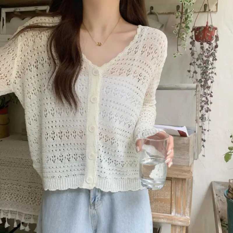 V-neck long-sleeve cardigan jacket sun protection cardigan outerwear thin jacket womens summer hollow knit jacket X250724