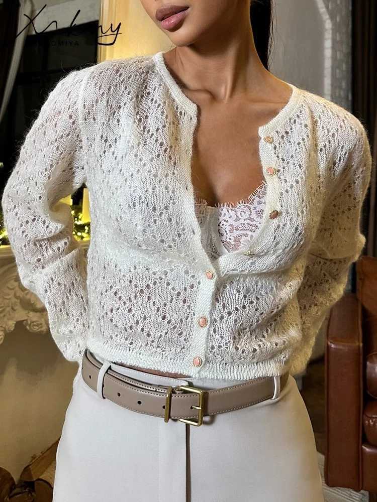 Hollow Out Knitted Cardigan Women Single Breasted Summer Solid Round Neck Long Sleeves Casual Short Knit Tops Blouse For Women X250724