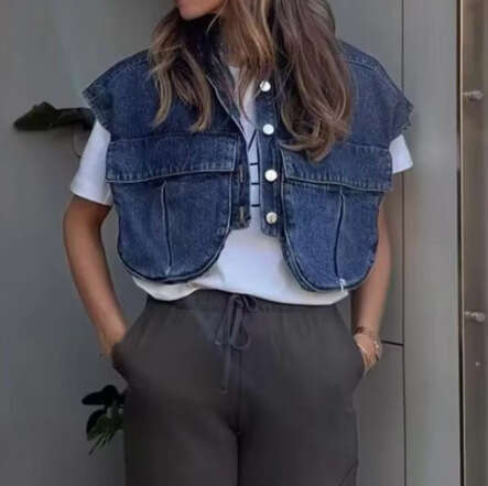 TRAFZA Style Vest Sleeveless Large Collar Denim Jacket B5