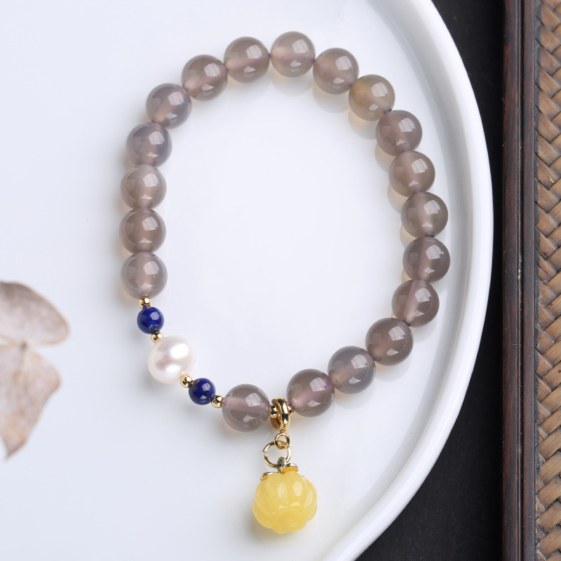 Chinese Style Natural Gray Agate Bracelet with Yellow Jade Pumpkin Freshwater Pearl Lapis Lazuli A Feminine Jewelry Piece