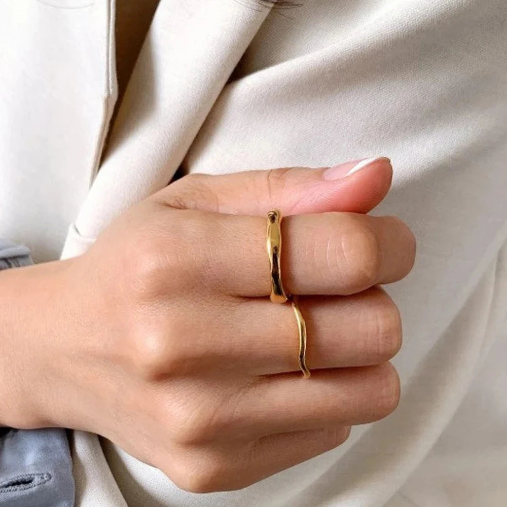 Gold Color Silver Irregular Wave Rings Trendy Simple Geometric Handmade Jewelry for Women Couple 250704