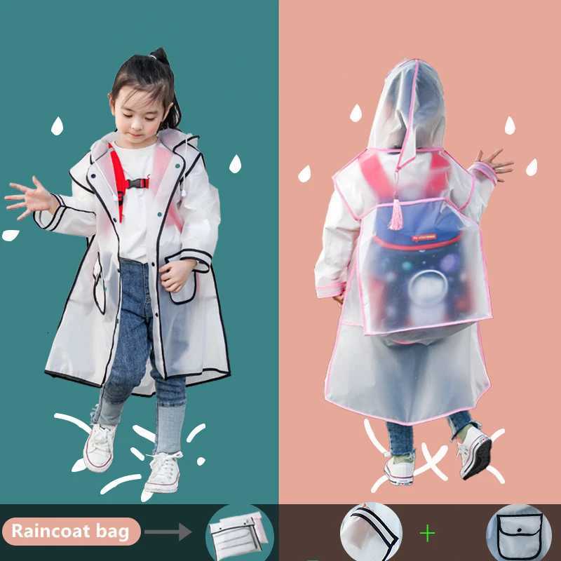 Fashion Children Transparent Eva Plastic Girls Boys Raincoat Travel Waterproof Rainwear Can Hold Backpack Rain Coat R250724