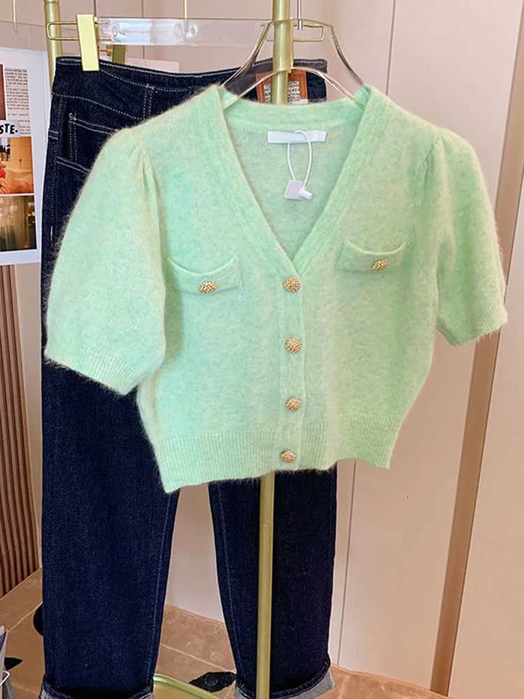 Summer Knitted Cardigan Womens Korean Chic V-neck Short Sleeve Sweater Small Fragrance Knitwear Tops Jumper Female T Shirt X250724