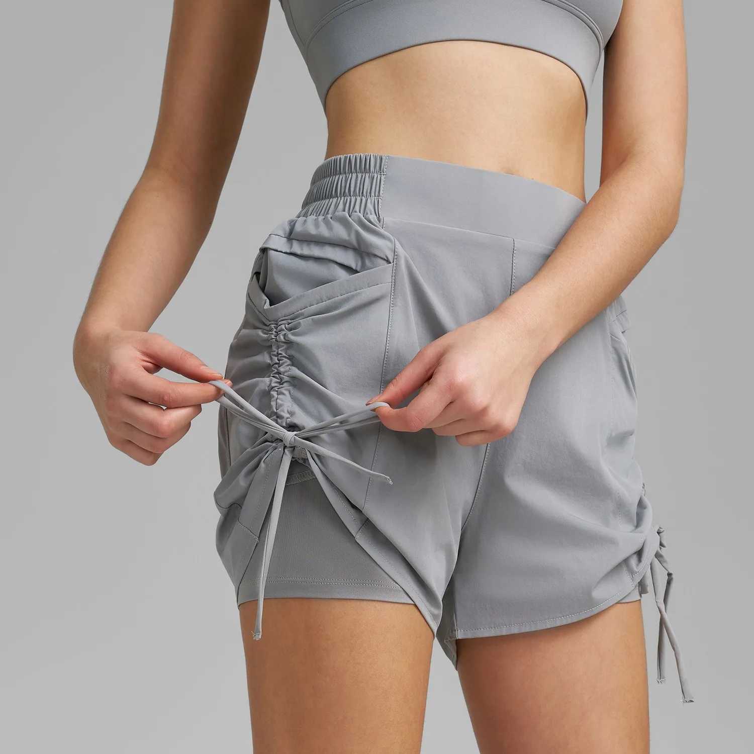 Yoga Shorts With Pockets Drawstring High Waist Fake Two Pieces Riding Sports Shorts Double Layer Workout Training Shorts XJ250724