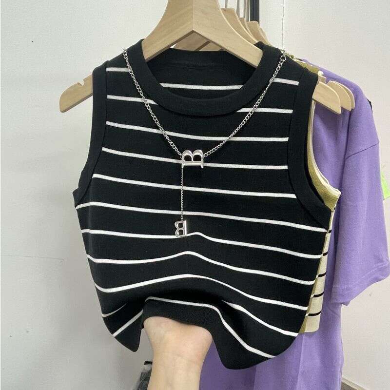 sxzy Knitted Short Striped Vest for Women Summer Inner Chain Design Sense Niche Outer Wear Sleeveless Hot Girl Top Ins