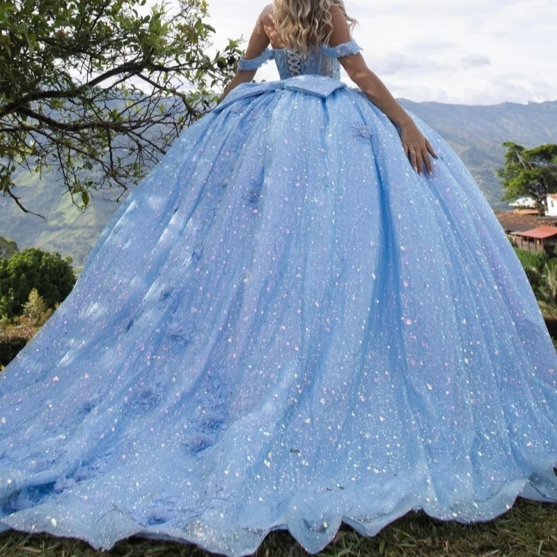 Blue Shiny Quinceanera Dresses Off Shoulder Ball Gown Sweet 16 Dress Applique Lace Bow Beads Tull Birthday Party Vestidos 15 Anos