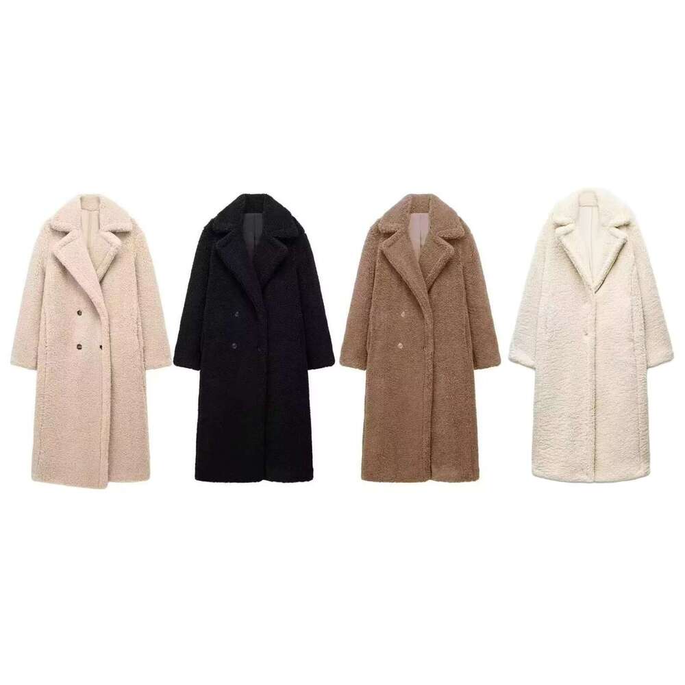 TRAFZA Women's INS Style Winter Warm Double-Breasted Long Shearling Coat B5