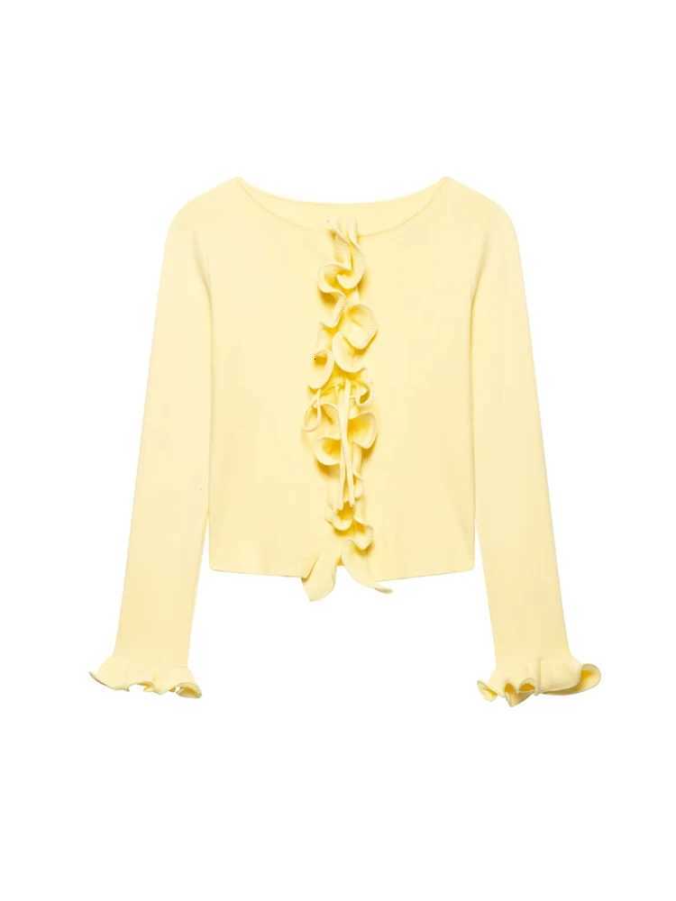 TRZA Womens Fashion Ruffle Cropped Knit Cardigan Sweater Long Sleeve Front Bow Tied Chic Outerwear Top X250724